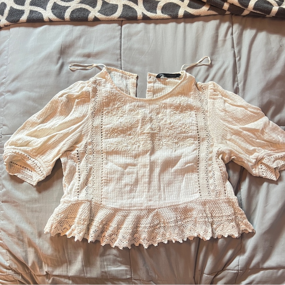 Zara Cream Lace Detail Cottagecore Quilt Pattern Puff Sleeves Ruffled Hem Blouse